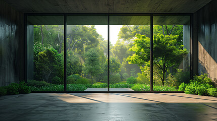 Lush green courtyard visible through floor-to-ceiling windows in a minimalist living area.