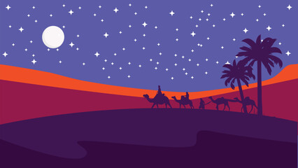 The caravan going through the desert with moon and star,Night Desert, Islamic Background,Landscape Illustration