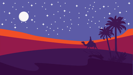 The caravan going through the desert with moon and star,Night Desert, Islamic Background,Landscape Illustration