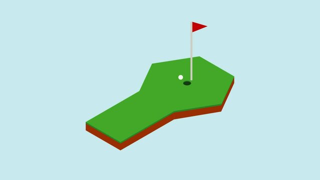 Animated Golf Court With Flag and Ball on Blue Background.