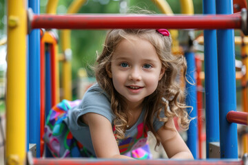 Fototapeta na wymiar Child girl playing on playground equipment in the park