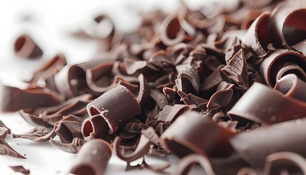 Closeup of chocolate curls on white background