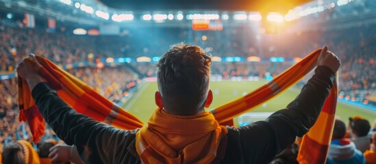 Back view of football, soccer fans cheering their team with colorful scarfs at crowded stadium at evening time