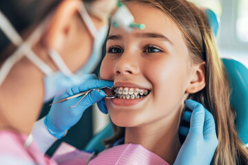 teenage girl getting her dental braces removed by orthodontist at dentist's office - obrazy, fototapety, plakaty