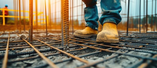 A person standing confidently atop a construction site, overseeing the progress of a robust building project. Sturdy steel bars mark the foundation, showcasing the synergy between human skill and - obrazy, fototapety, plakaty