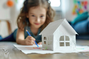 Creative child with kid drawing a house made of white paper sheets