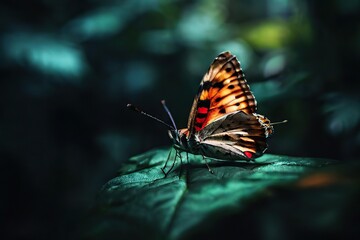 Butterfly on big Leave in a dark cinematic scene.