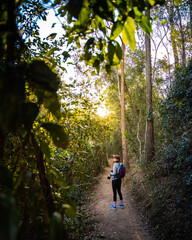 wildlid photographer looking for wild native animals and birds during afternoon walk at enoggera...