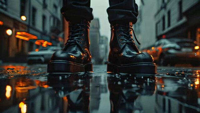 men&rsquo;s high end black leather boots on the street, fashion and footwear concept Generative AI