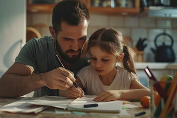 Father helping cute girl daughter to do school homework at home