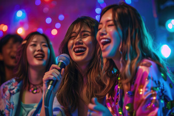 happy joyful people singing with a mic and colorful background