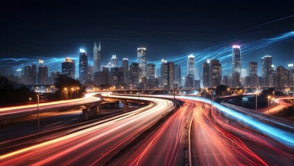 An abstract representation of a city's nightlife, focusing on the luminous trails of traffic on a highway, using a long exposure technique to create motion Generative AI