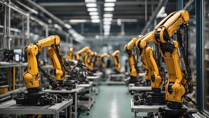 An assembly of robotic arms efficiently operating in a cutting-edge factory, intertwined with a digital network facilitating seamless communication Generative AI