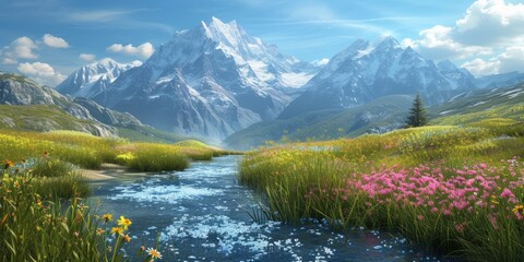 Vibrant wildflowers and a mountain stream with snowy peaks in the background. Resplendent. - obrazy, fototapety, plakaty