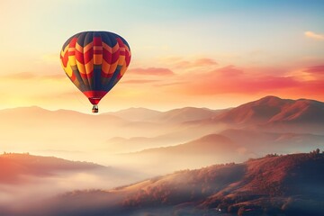Fototapeta premium Colorful hot air balloon flying over the valley at sunrise