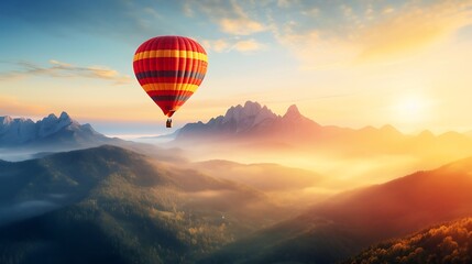 Fototapeta premium Colorful hot air balloon flying over the valley at sunrise