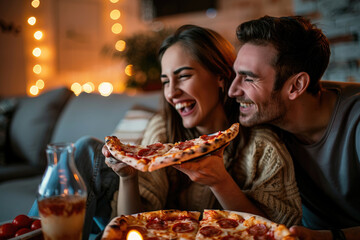 Happy couple eating pizza while watching movie at home
