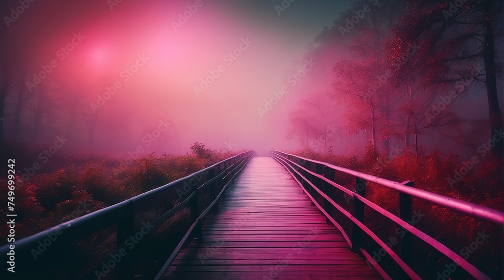 Poster dark scary empty road at night with thick colorful smog on the middle of forest from generative ai