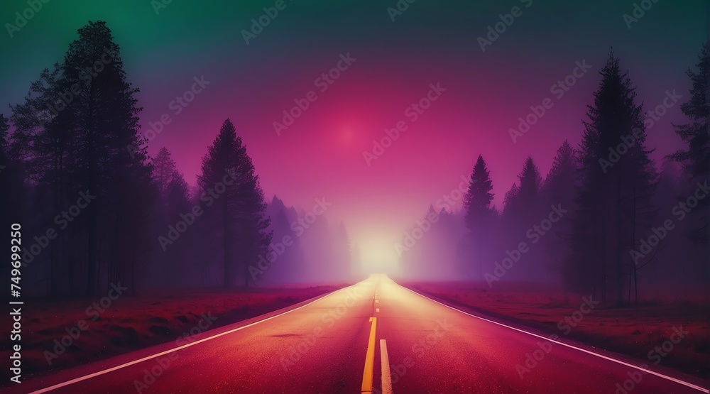 Poster dark scary empty road at night with thick colorful smog on the middle of forest from generative ai