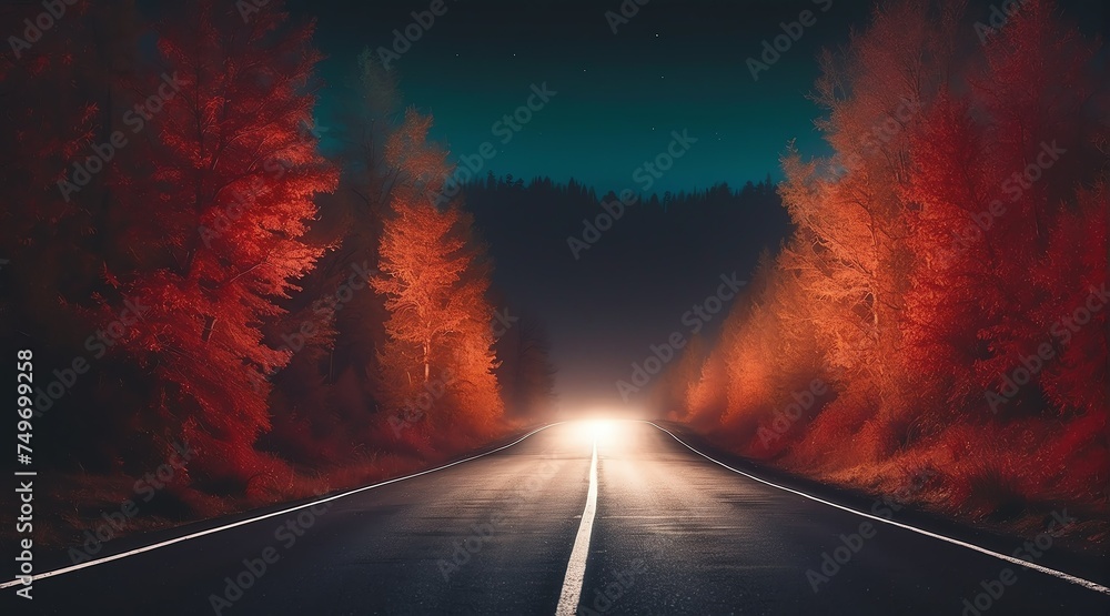 Poster dark scary empty road at night with thick colorful smog on the middle of forest 8 from generative ai