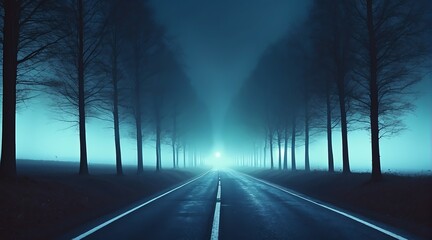 Dark scary empty road at night with thick blue smog on the middle of forest from Generative AI