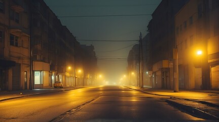 Fototapeta na wymiar Dark empty street at night with thick yellow smog from Generative AI