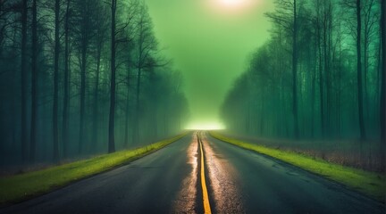 Dark scary empty road at night with thick green smog on the middle of forest from Generative AI