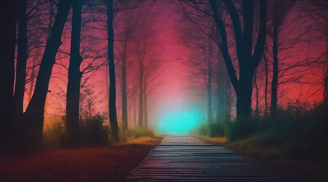 Dark scary empty road at night with thick colorful smog on the middle of forest from Generative AI © sevenSkies