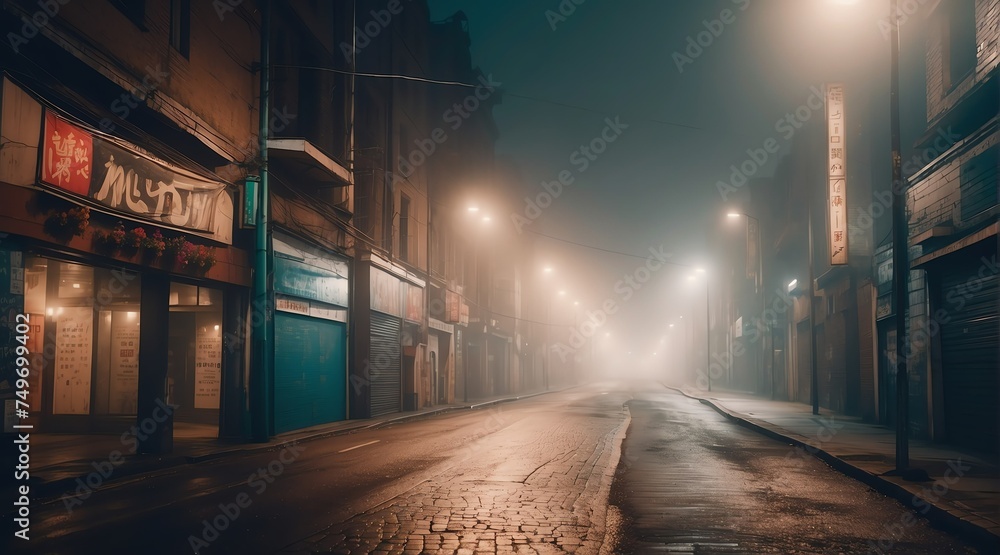 Poster dark scary empty road at night with thick smog on the middle of forest from generative ai