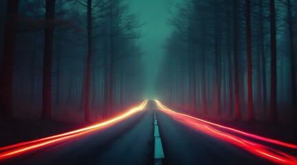 Dark scary empty road at night with thick smog on the middle of forest from Generative AI