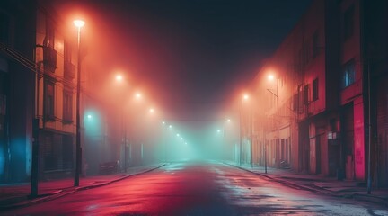 Dark scary empty street at night with thick colorful smog from Generative AI