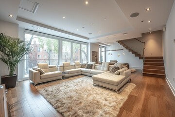 Beautiful and large living room interior with hardwood floors, fluffy rug and designer furniture.