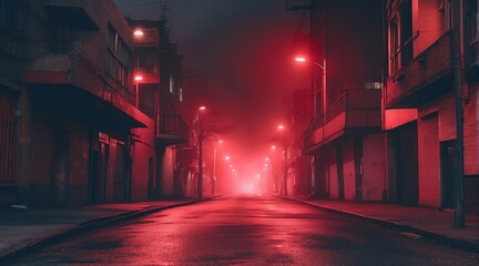 Dark scary empty street at night with thick red smog from Generative AI