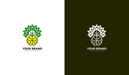Brain tree logo. Brain growth icon design, leaf, tree, natural, green. Graphic vector illustration - obrazy, fototapety, plakaty