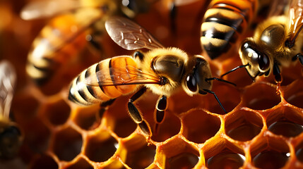 Close-up photography of bees in hive - obrazy, fototapety, plakaty