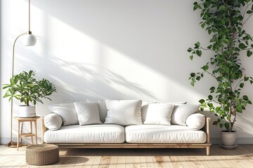 Bright modern living room with white sofa, floor lamp and green plant on wooden laminate. Scandinavian style, cozy interior background. Bright stylish room mockup. 3d render