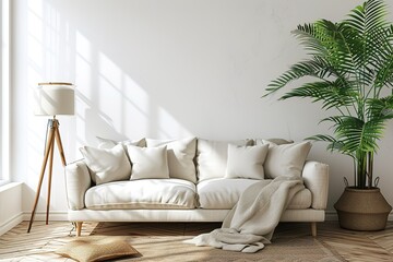 Bright modern living room with white sofa, floor lamp and green plant on wooden laminate. Scandinavian style, cozy interior background. Bright stylish room mockup. 3d render - obrazy, fototapety, plakaty