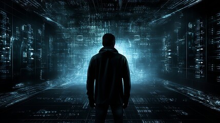 Hacker in front of computer screen with binary code on dark background