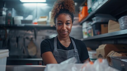 Black Latina Female Volunteer Preparing Free Food Delivery for Low Income People. Charity Workers and Members of the Community Work Together in Local Humanitarian Aid Donation Center. - obrazy, fototapety, plakaty