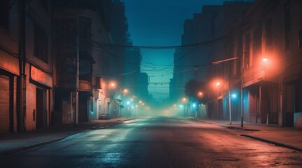 Dark empty street at night with thick blue smog from Generative AI