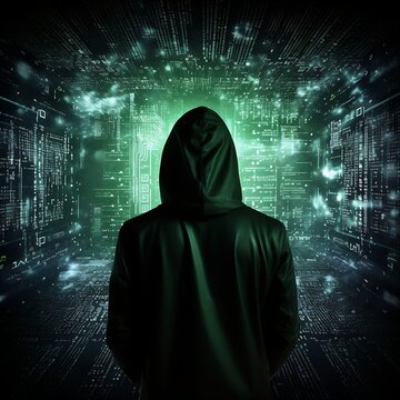 Hacker in dark room against digital background with binary code and numbers