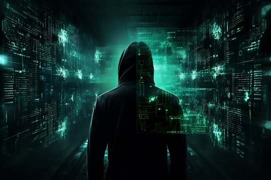 Hacker in front of computer screen with binary code on dark background