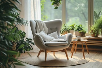 Fototapeta na wymiar Cozy grey armchair with cushions and houseplants on tables in interior of light living room