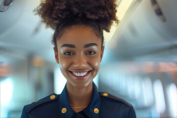 Afro woman wearing airline cabin crew uniform in commercial airplane - obrazy, fototapety, plakaty