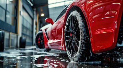 Red Sportscar's Wheels Covered in Shampoo Being Rubbed by a Soft Sponge at a Stylish Dealership Car Wash. - obrazy, fototapety, plakaty