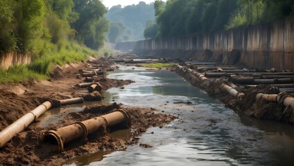 The environmental impact of industrial activities shown by the release of dirty water from sewage pipes into natural water bodies Generative AI - obrazy, fototapety, plakaty