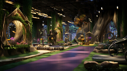 A gym layout for a magical forest fitness center, with enchanted forest workouts and fairy tale decor.