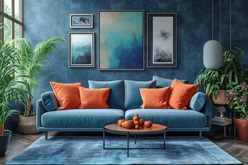 Gallery wall mockup in cozy living room interior, frame mockup, 3d render