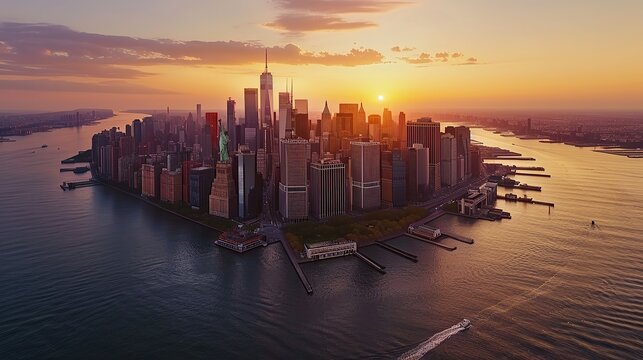 Vertical Screen:Aerial Helicopter Cinematic View of the Statue of Liberty with Manhattan Skyline Cityscape in the Evening. Panorama of New York City Skyscrapers and Jersey City Buildings at Sunset.