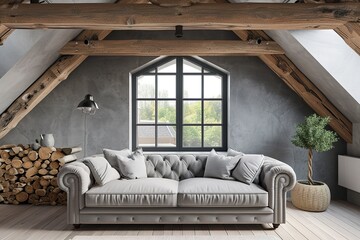 Grey attic living room interior with sofa